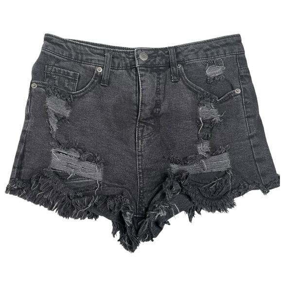 Mossimo black denim jean shorts distressed cutoff hem high rise 4/27 - Picture 1 of 3